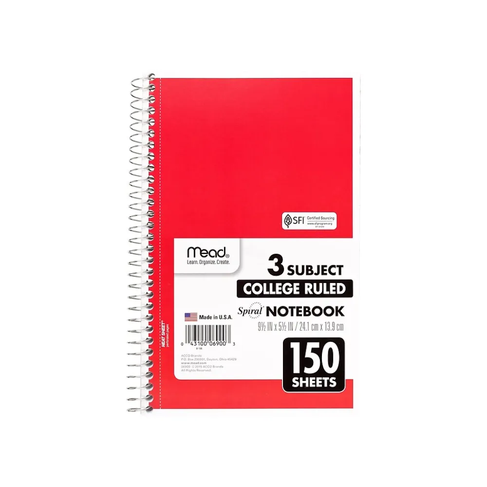 Subject Notebooks|Mead 3-Subject Notebooks, 6" x 9.5", College Ruled, 150 Sheets, Assorted Colors, 12/Carton (06900CT)