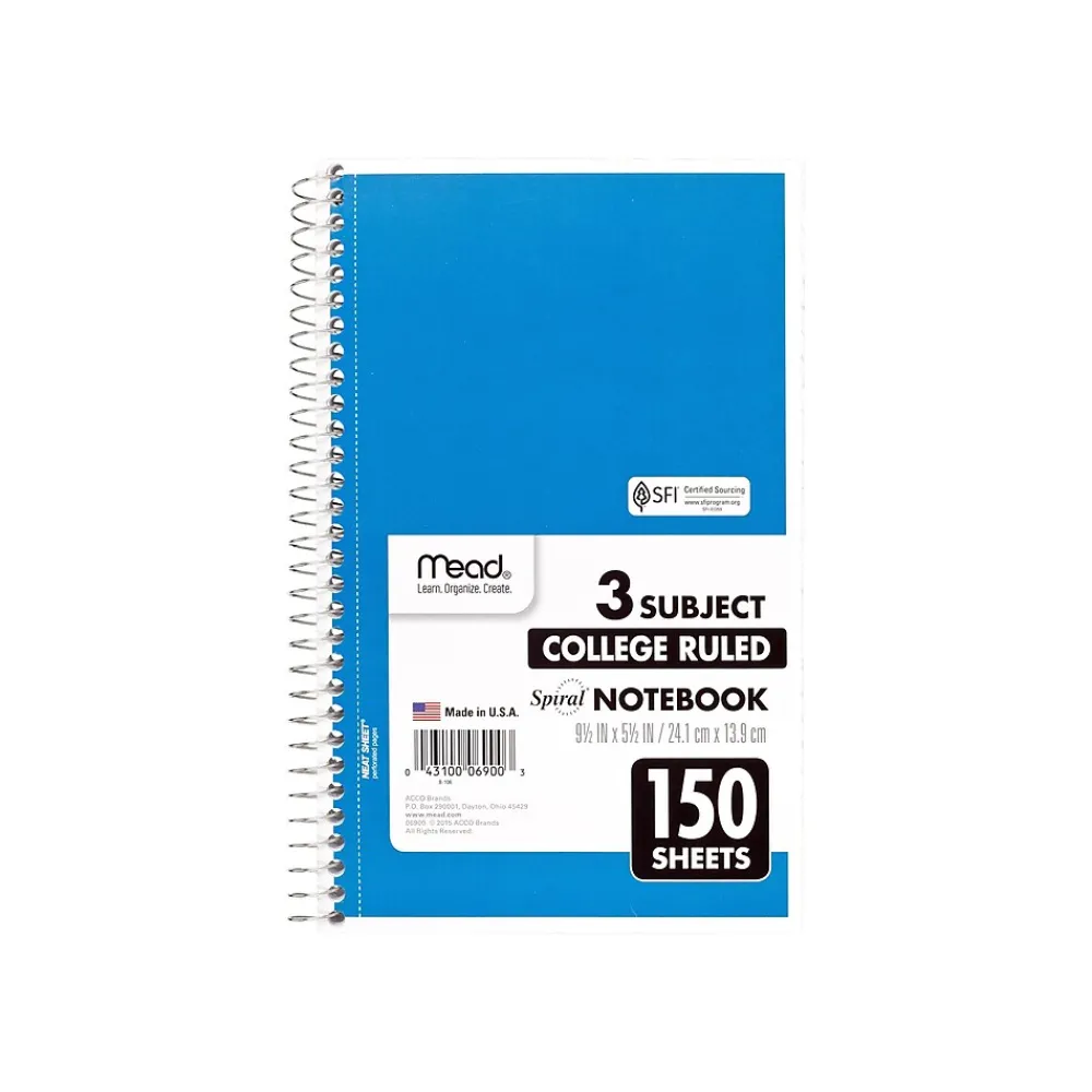 Subject Notebooks|Mead 3-Subject Notebooks, 6" x 9.5", College Ruled, 150 Sheets, Assorted Colors, 12/Carton (06900CT)