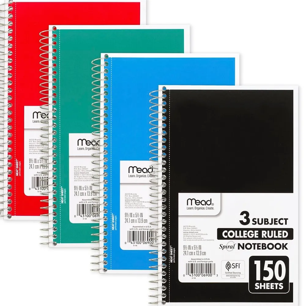 Subject Notebooks|Mead 3-Subject Notebooks, 6" x 9.5", College Ruled, 150 Sheets, Assorted Colors, 12/Carton (06900CT)