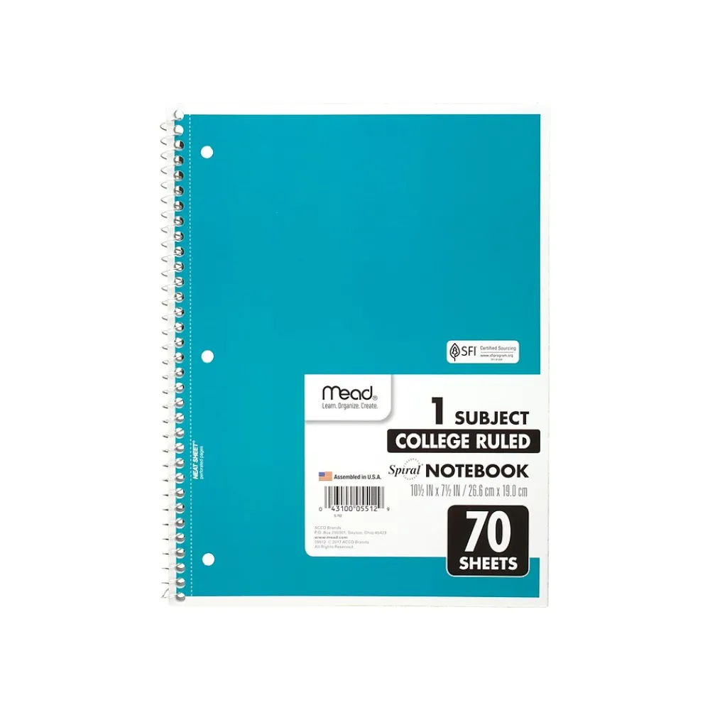 Subject Notebooks|Mead 1-Subject Notebooks, 8" x 10.5", College Ruled, 70 Sheets (MEA05512)