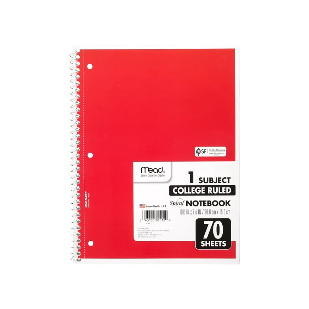 Subject Notebooks|Mead 1-Subject Notebooks, 8" x 10.5", College Ruled, 70 Sheets (MEA05512)