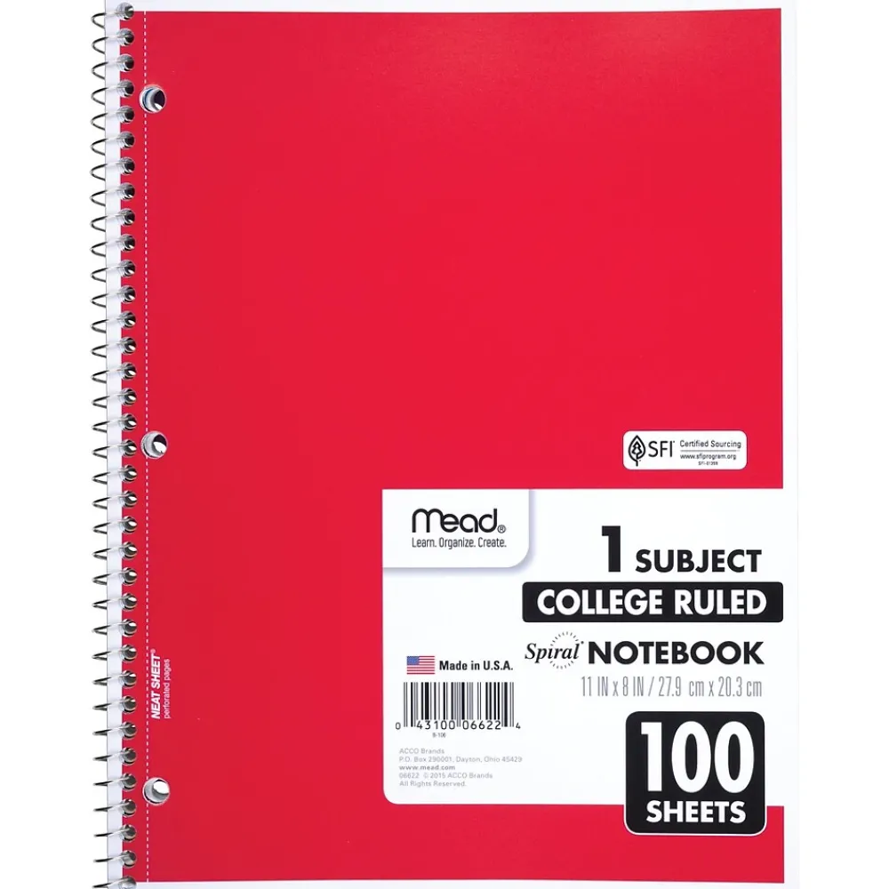 Subject Notebooks|Mead 1-Subject Notebooks, 8" x 11", College Ruled, 100 Sheets, Each (6622)