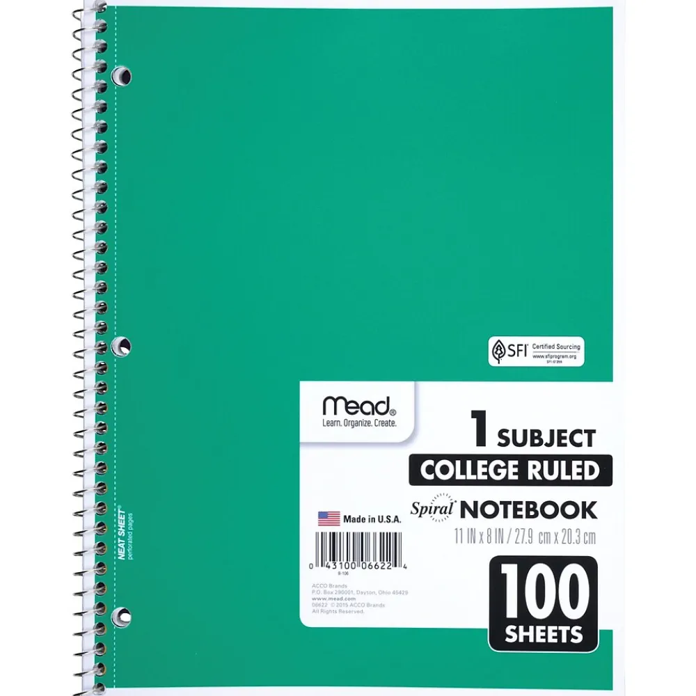Subject Notebooks|Mead 1-Subject Notebooks, 8" x 11", College Ruled, 100 Sheets, Each (6622)