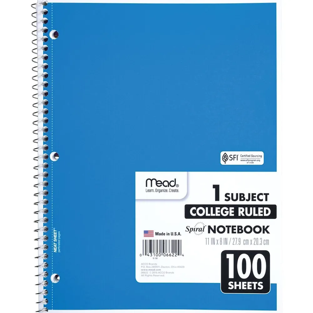 Subject Notebooks|Mead 1-Subject Notebooks, 8" x 11", College Ruled, 100 Sheets, Each (6622)