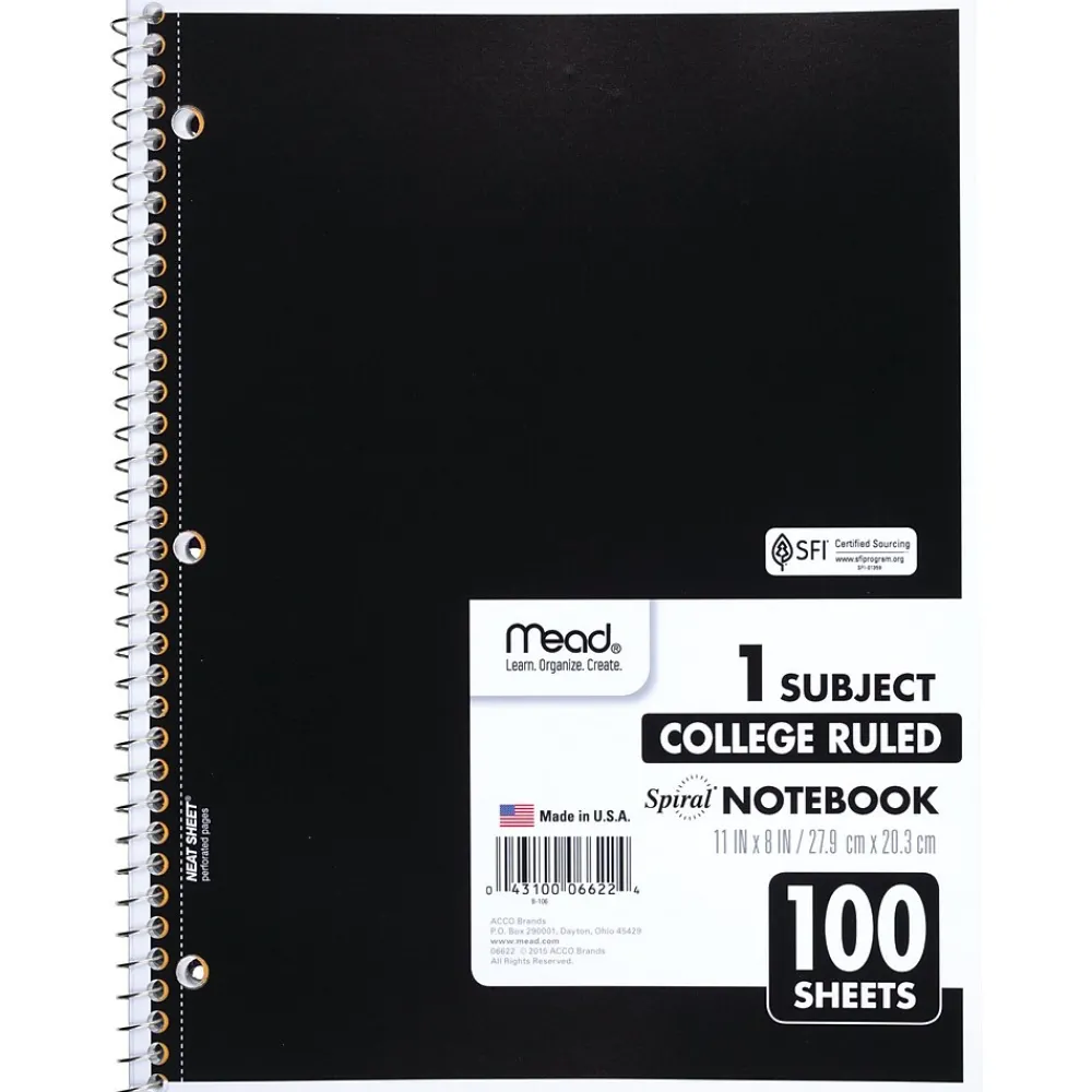 Subject Notebooks|Mead 1-Subject Notebooks, 8" x 11", College Ruled, 100 Sheets, Each (6622)