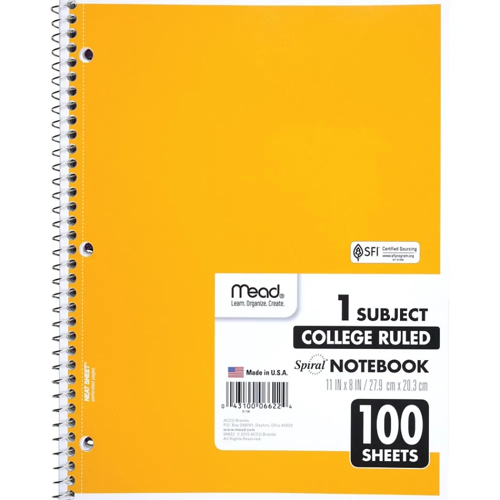 Subject Notebooks|Mead 1-Subject Notebooks, 8" x 11", College Ruled, 100 Sheets, Each (6622)