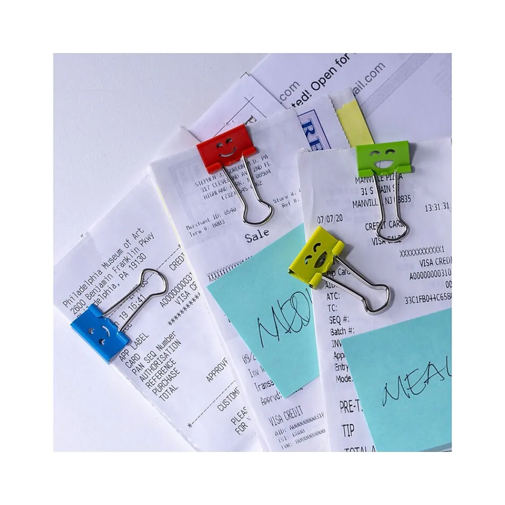 Clips & Fasteners|Officemate Smiling Face Small Binder Clips, 0.38" Capacity, Assorted Colors, 42 Clips/Pack (31090)