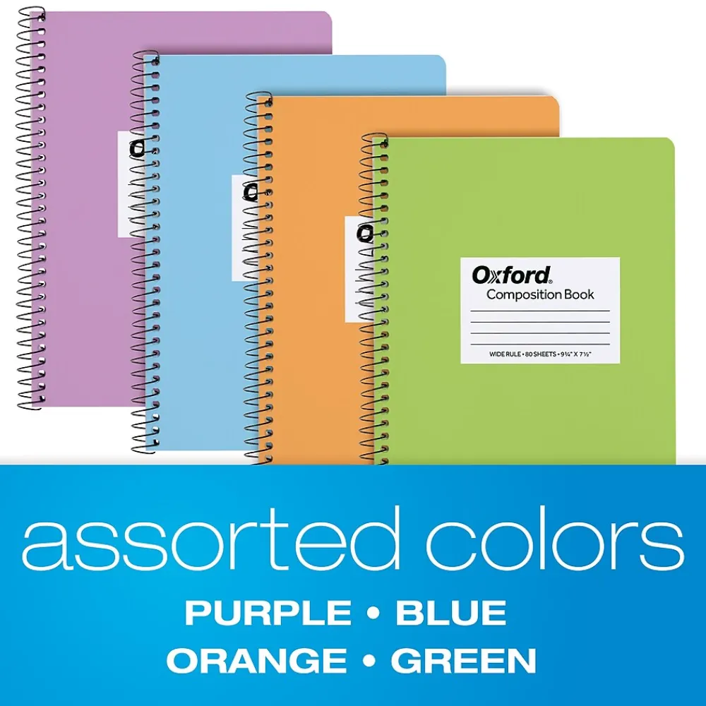 Subject Notebooks|Oxford Composition Notebooks, 7.5" x 9.75", Wide Ruled, 80 Sheets, Assorted Colors, 4/Pack (64946)