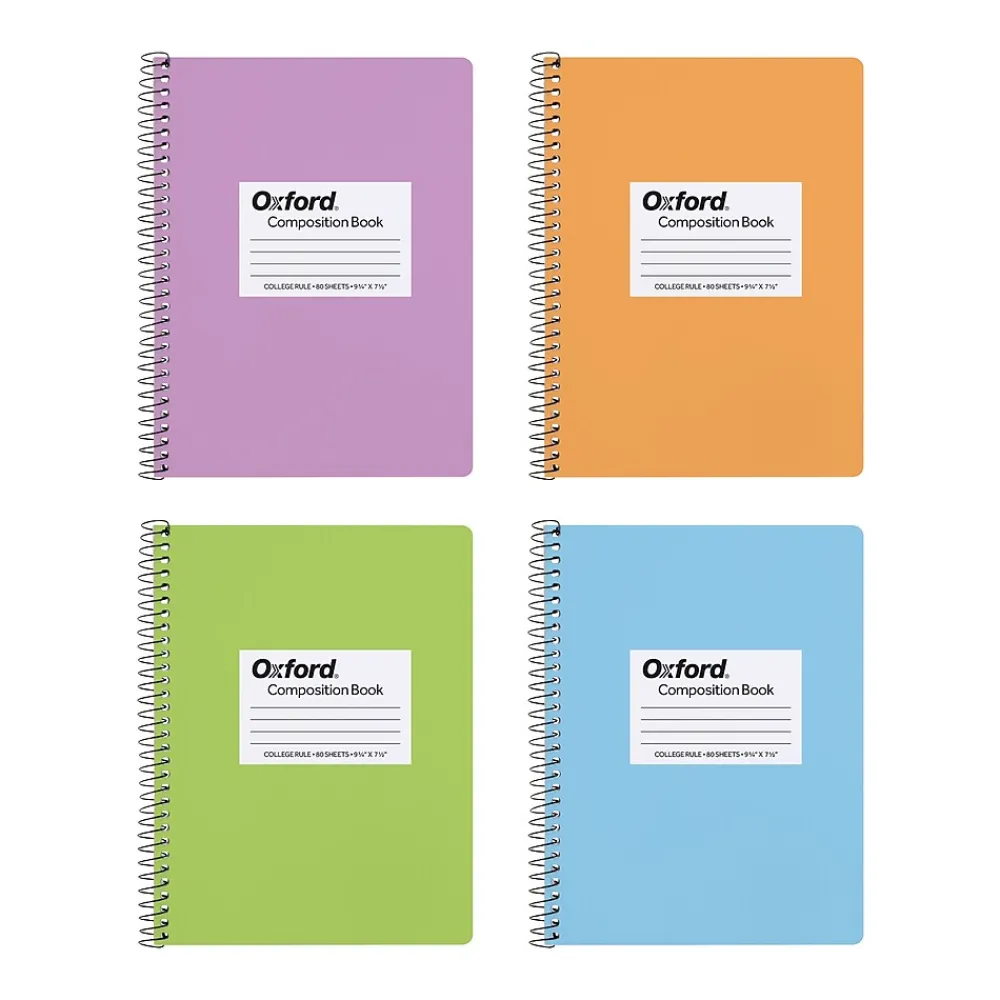 Composition Notebooks|Oxford Composition Notebooks, 7.5" x 9.75", College Ruled, 80 Sheets, Assorted Colors, 4/Pack (64947)
