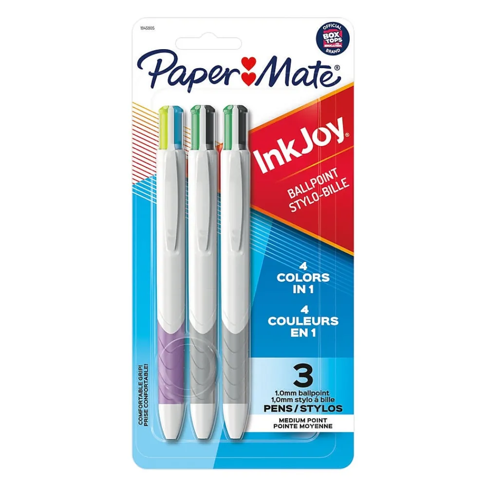 Pens|Paper Mate InkJoy Quatro Retractable Ballpoint Pen, Medium Point, Assorted Ink, 3/Pack (1832419)