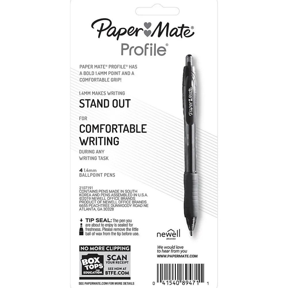 Pens|Paper Mate Profile Retractable Ballpoint Pen, Bold Point, Black Ink, 4/Pack (89471)