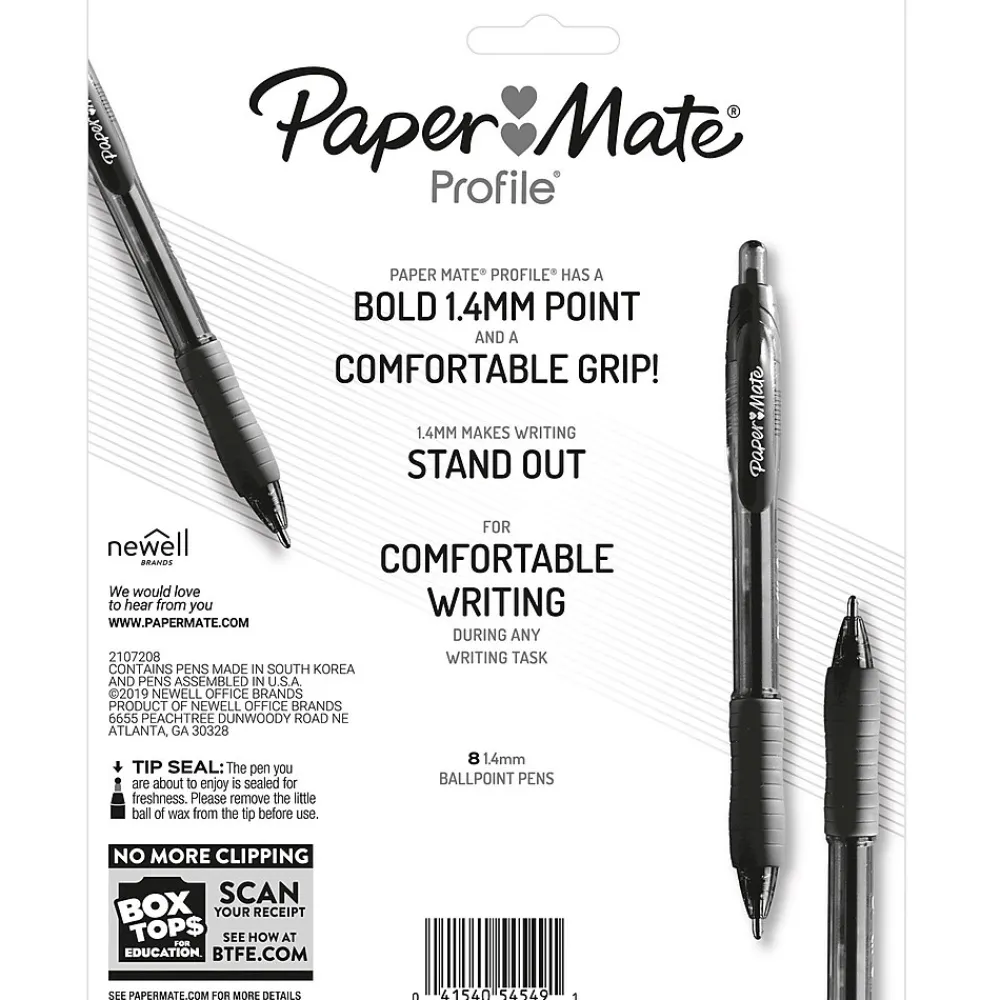 Pens|Paper Mate Profile Retractable Ballpoint Pen, Bold Point, Assorted Ink, 8/Pack (54549)