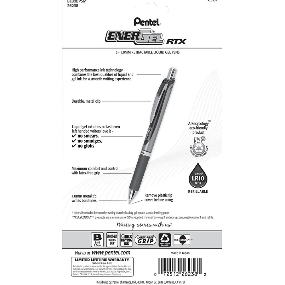 Pens|Pentel EnerGel RTX Gel Pens, Bold Point, Assorted Ink, 5/Pack (BL80BP5M)