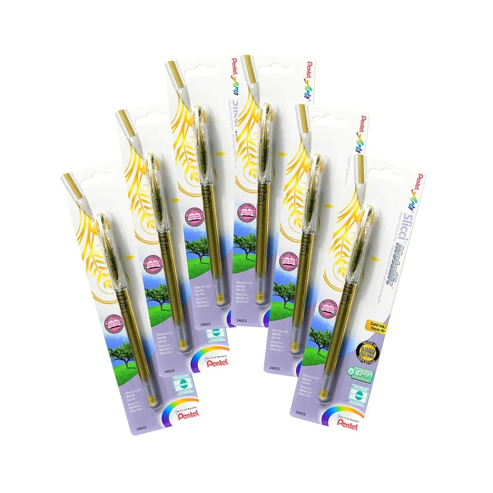 Pens|Pentel Slicci Extra Fine Metallic Gel Pens, Metallic Gold, 6/Pack (99027-PK6)