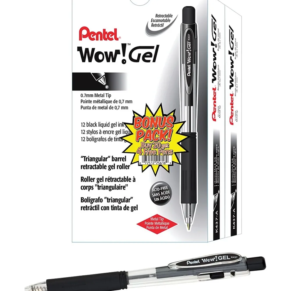 Pens|Pentel WOW! Retractable Gel Pens, Medium Point, Black Ink, 24/Pk (K437ASW2)