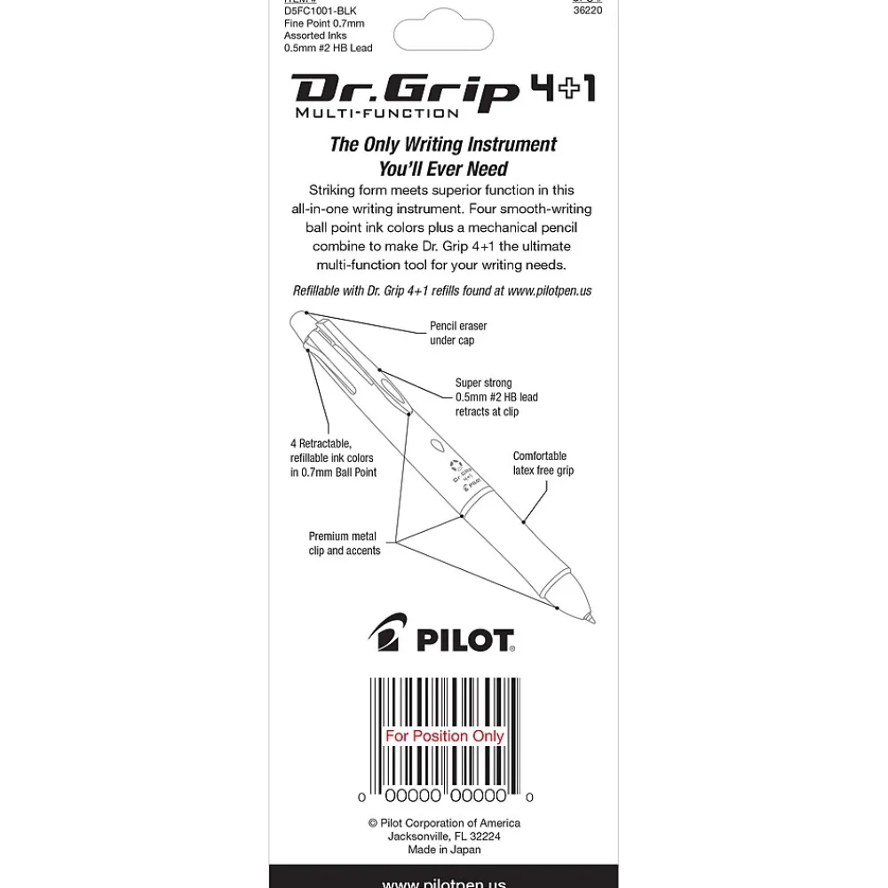 Pens|Pilot Dr. Grip 4 + 1 Multi-Function Pen + Pencil, Fine Point, 4 Assorted Inks (36220)
