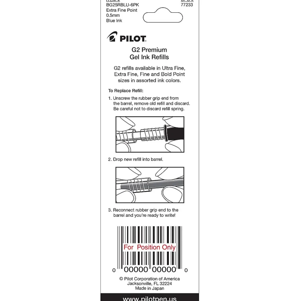 Pens|Pilot G2 Gel-Ink Pen Refill, Extra Fine Tip, Blue Ink, 2/Pack (77233)