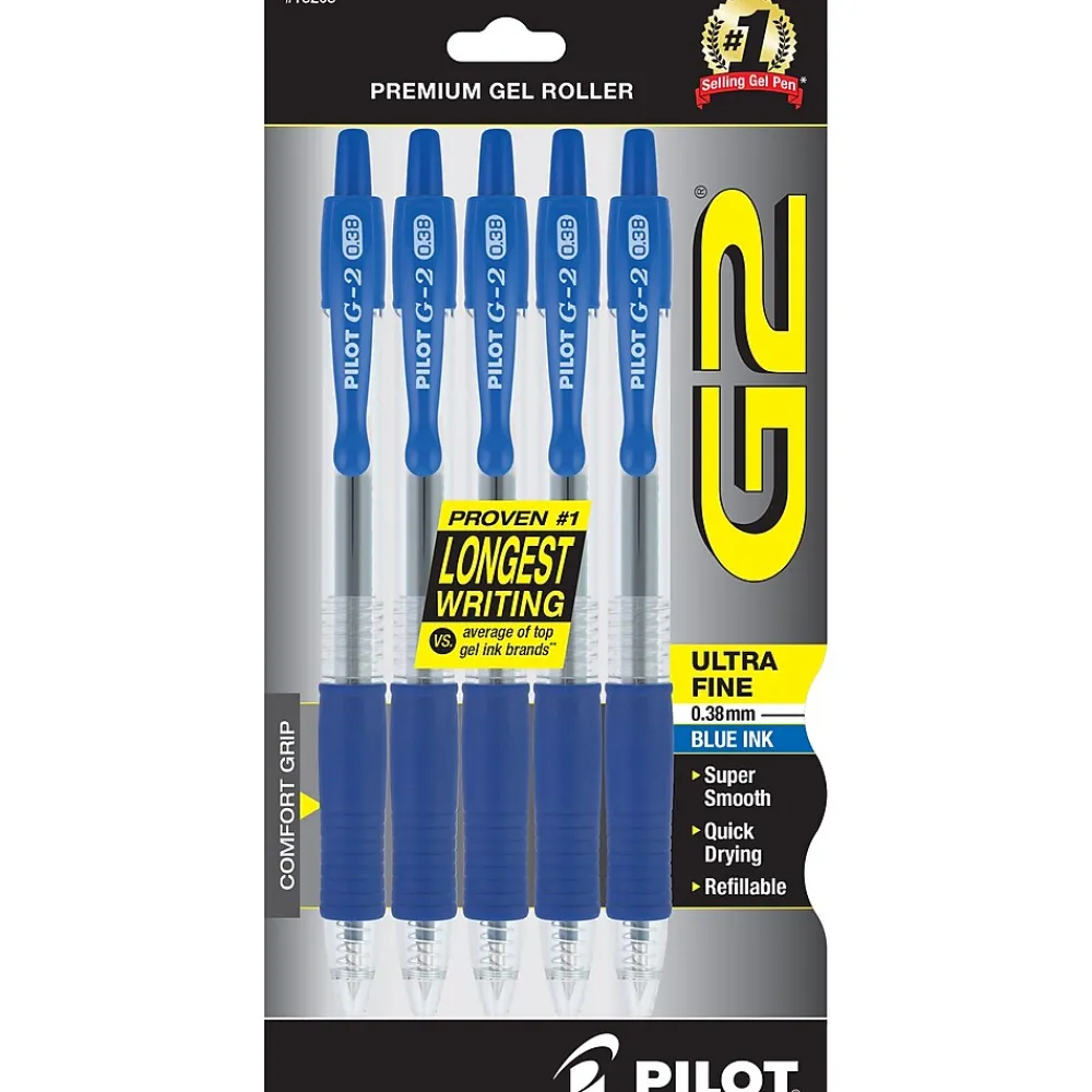 Pens|Pilot G2 Retractable Gel Pen, Ultra Fine Point, 0.38mm, Black Ink, 5 Pack (18203)