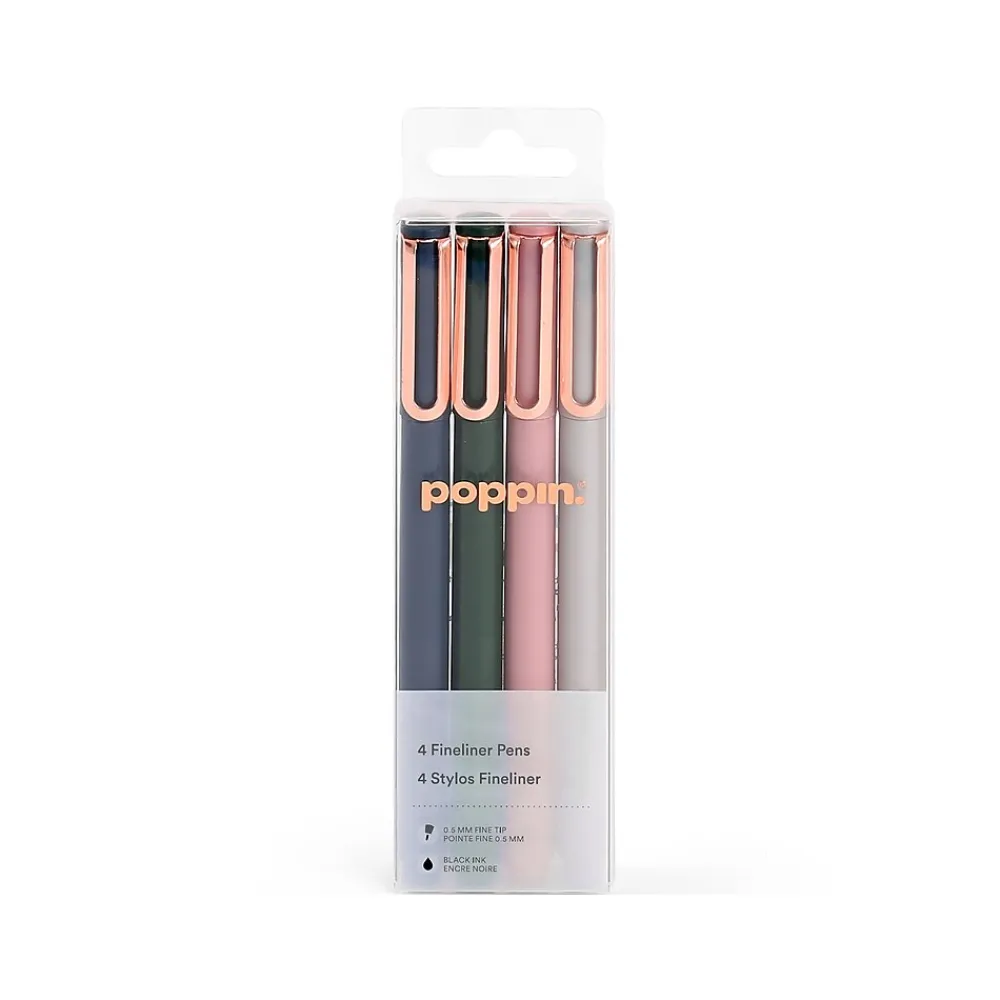 Pens|Poppin Fineliner Felt Pens, Fine Point, 0.5mm, Black Ink, 4/Pack (107475)