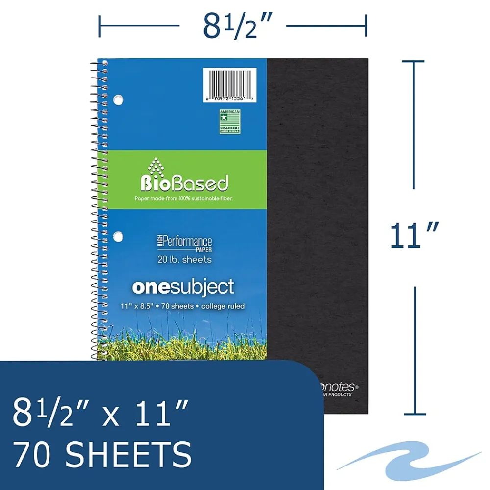 Subject Notebooks|Roaring Spring Paper Products BioBased 1-Subject Notebooks, 8.5" x 11", College Ruled, 70 Sheets, Each (13361)