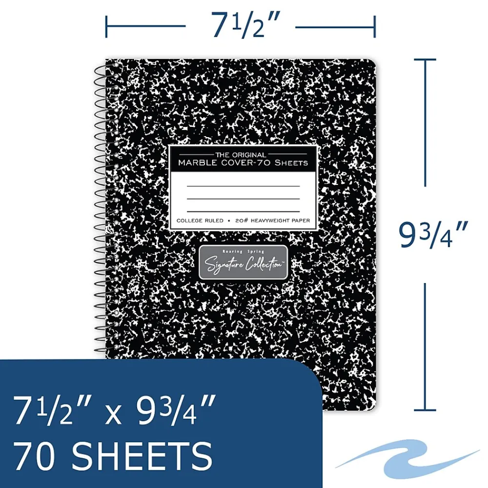 Subject Notebooks|Roaring Spring Paper Products Signature 1-Subject Composition Notebooks, 7.5" x 9.75", College Ruled, 70 Sheets, Black (10111)
