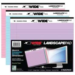 Notepads|Roaring Spring Paper Products Roaring Spring WIDE Landscape Notepad, College Ruled, 11" x 9.5", Assorted Colors, 40 Sheets, 3/Pack (74535)