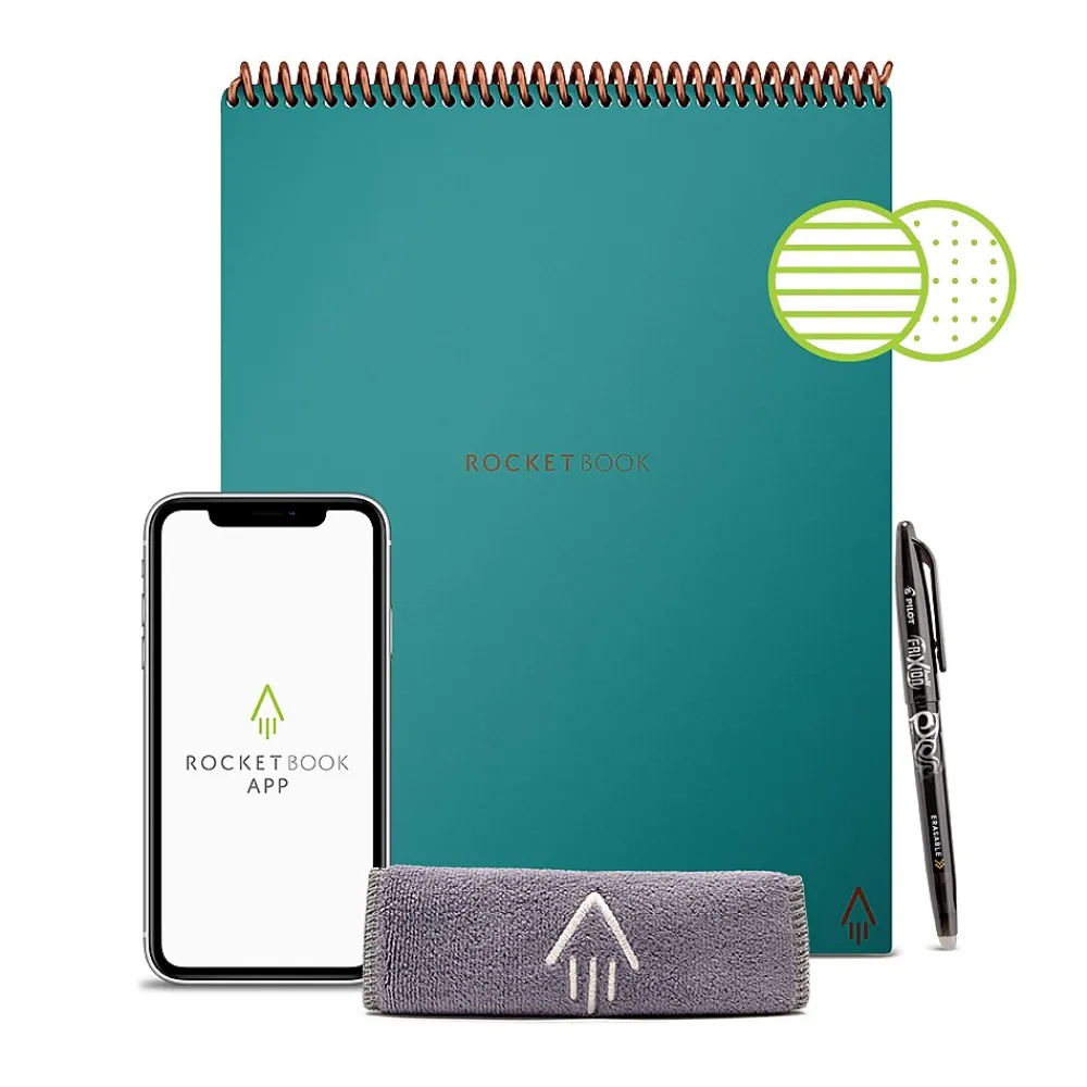 Notebooks|Rocketbook Flip Reusable Smart Notepad, 8.5" x 11", Lined & Dot Grid Ruled, 32 Sheets, Teal (FLP-L-RC-CCE)