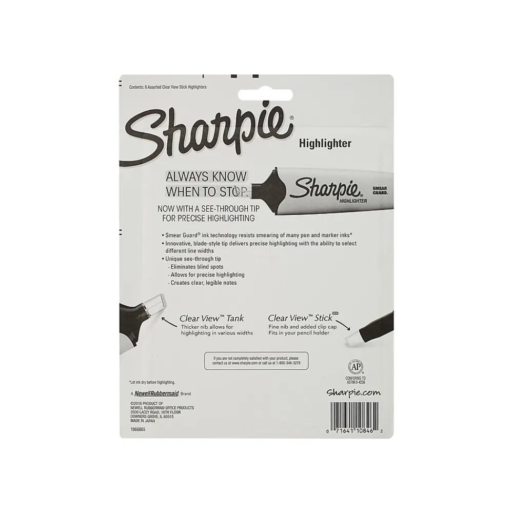 Highlighters|Sharpie Clear View Highlighter, Chisel Tip, Assorted, 8/Pack (1966798/2128218)