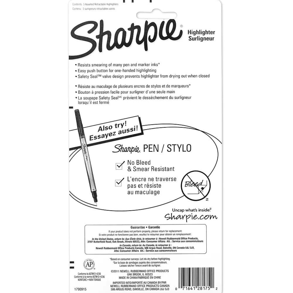 Highlighters|Sharpie Retractable Highlighter, Chisel Tip, Assorted, 5/Pack (28175PP)