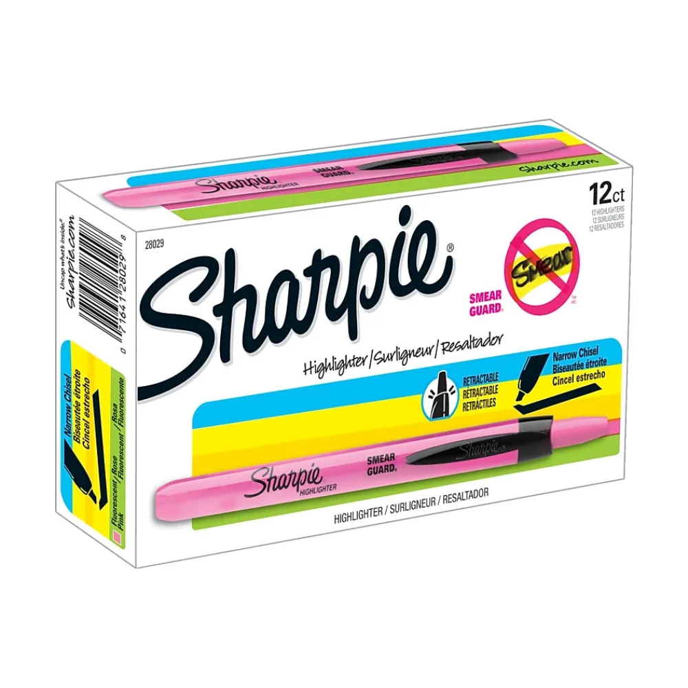 Highlighters|Sharpie Retractable Highlighter, Chisel Tip, Fluorescent Pink, Dozen (28029)