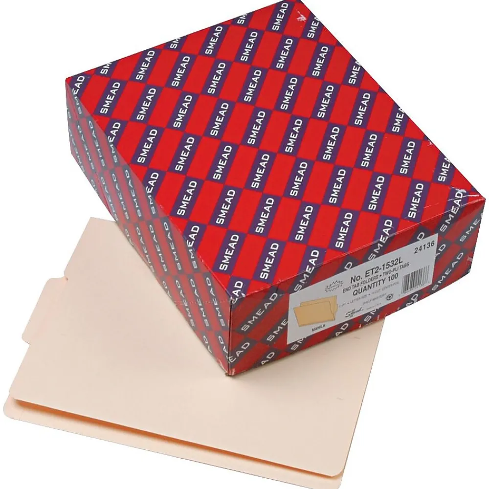 File Folders|Smead End Tab File Folder, Shelf-Master Reinforced 1/3-Cut Tab Center Position, Letter Size, Manila, 100/Box (24136)