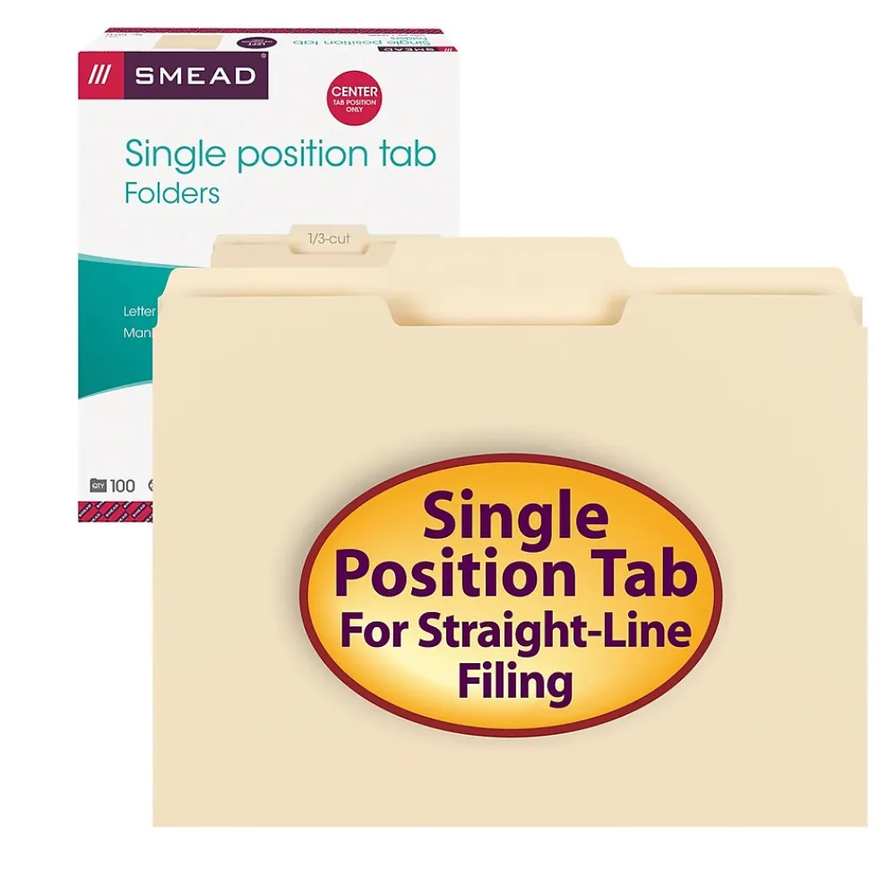 File Folders|Smead File Folders, 1/3-Cut Tab, Letter Size, Manila, 100/Box (10332)