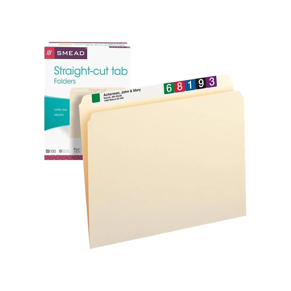 File Folders|Smead File Folders, Straight-Cut Tab, Letter Size, Manila, 100/Box (10300)