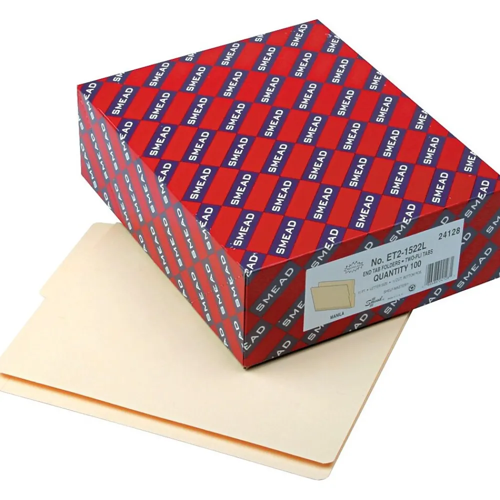 File Folders|Smead Shelf-Master Reinforced End-Tab 2-Tab File Folders, Bottom Position, Letter Size, Manila, 100/Box (24128)