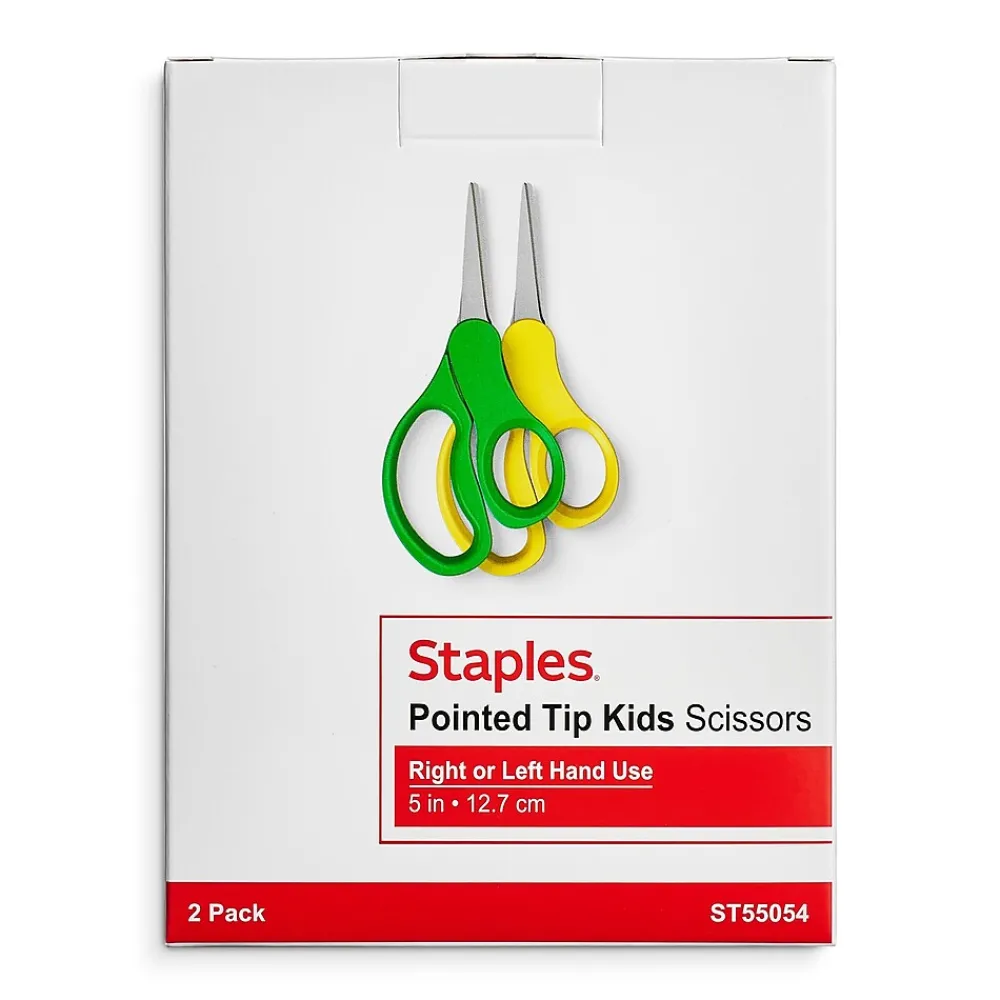 Scissors|Staples 5" Kids Pointed Tip Stainless Steel Scissors, Straight Handle, Right & Left Handed, 2/Pack (TR55054)