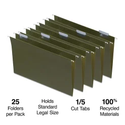 Hanging File Folders|Staples ® 95% Recycled Heavy Duty Hanging File Folders, 1/5-Cut Tab, Legal Size, , 25/Box (ST116830/116830) Standard Green