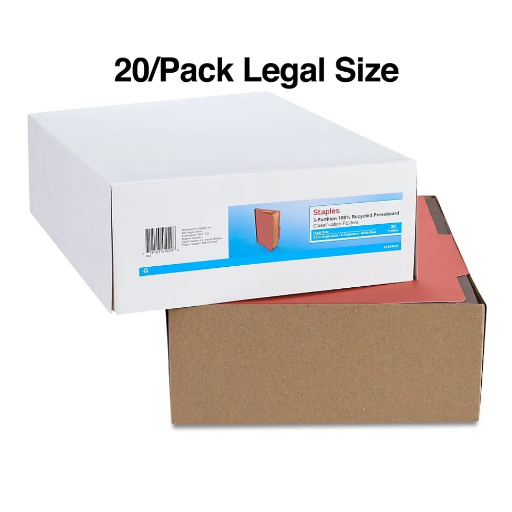 Hanging File Folders|Staples 60% Recycled Pressboard Classification Folder, 3-Dividers, 3.5" Expansion, Legal Size, , 20/Box Brick Red