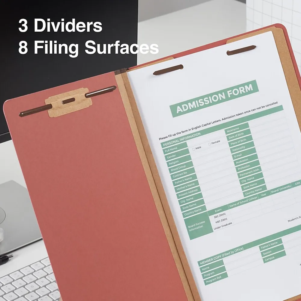 Hanging File Folders|Staples 60% Recycled Pressboard Classification Folder, 3-Dividers, 3.5" Expansion, Legal Size, , 20/Box Brick Red