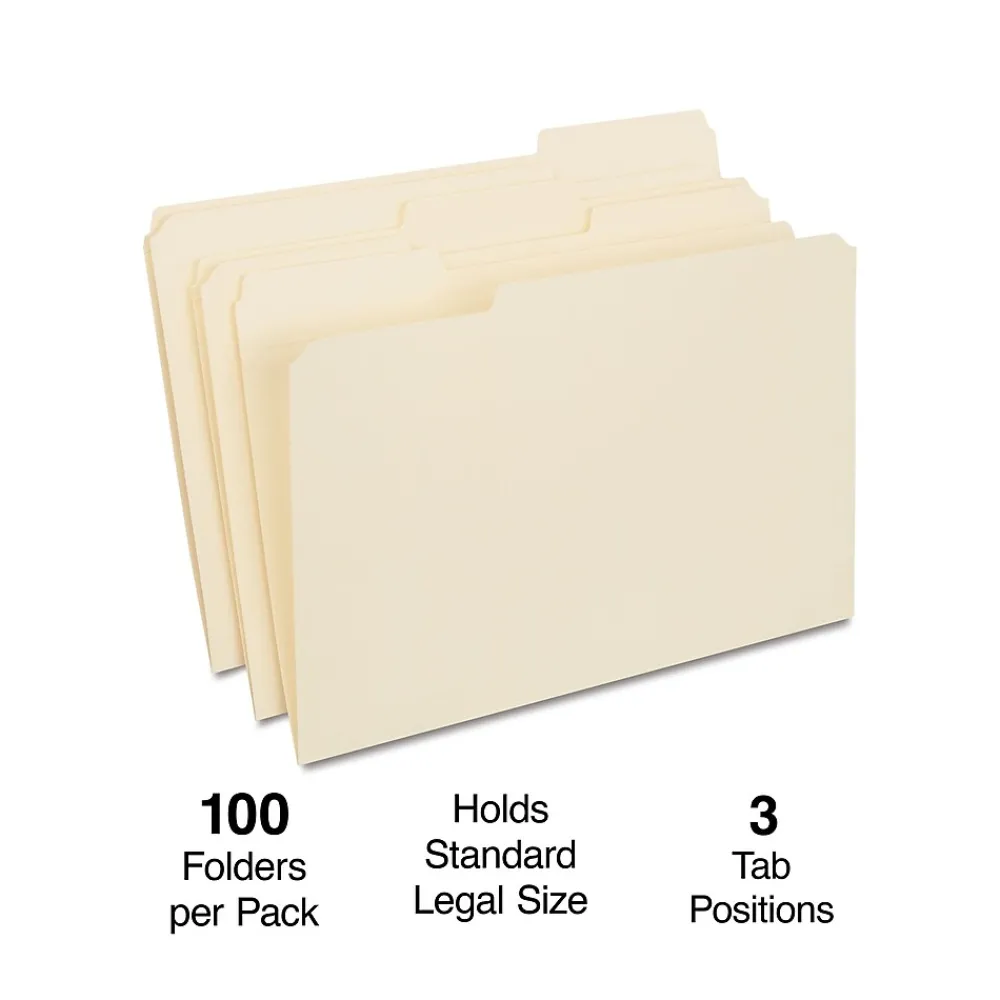 File Folders|Staples 30% Recycled Reinforced File Folder, 1/3-Cut Tab, Legal Size, Manila, 100/Box (ST606814/606814)