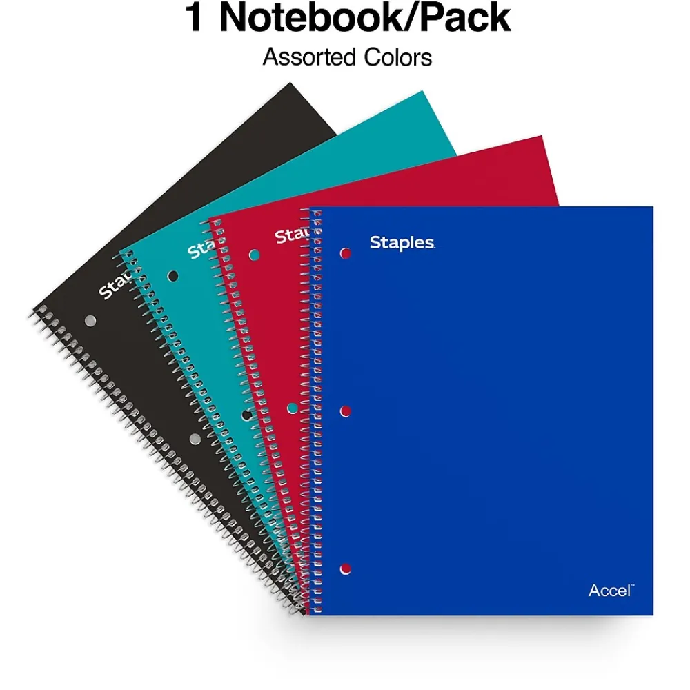 Notebooks|Staples Accel 3-Subject Notebook, 8.5" x 11", College Ruled, 150 Sheets, Colors (ST15758D) Assorted