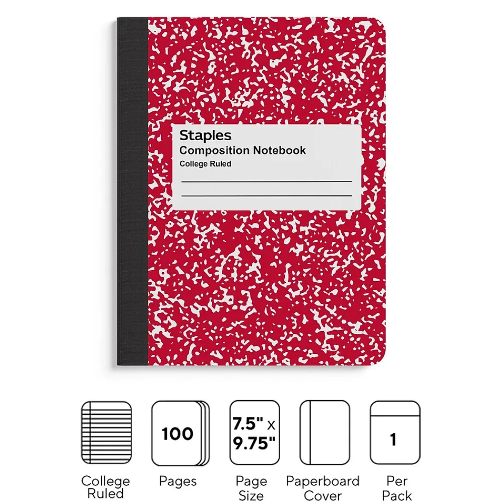 Composition Notebooks|Staples ® Composition Notebook, 7.5" x 9.75", College Ruled, 100 Sheets, (ST55065) Red