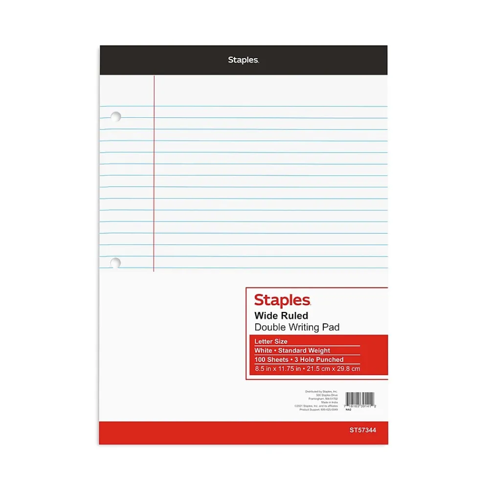 Notepads|Staples Double-Sheet Notepad, 8.5" x 11.75", Letter Size, White, 100 Sheets/Pad (20-244)