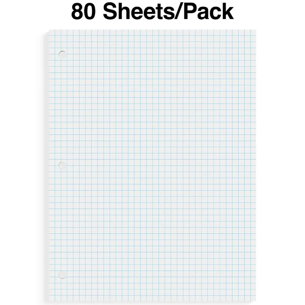 Filler Paper|Staples ® Graph Ruled Filler Paper, 8" x 10.5", 3-Hole Punched, White, 80 Sheets/Pack (ST40476B)