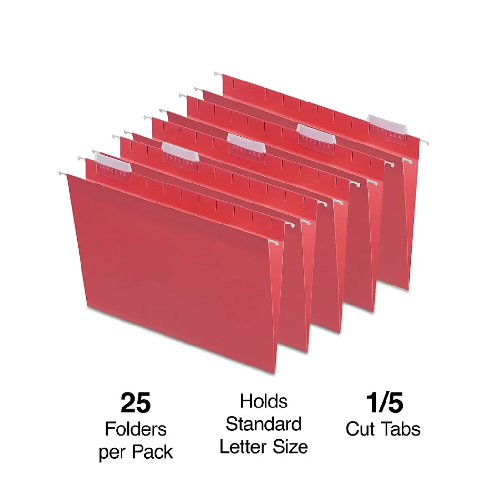 Hanging File Folders|Staples ® Hanging File Folders, 1/5-Cut Tab, Letter Size, , 25/Box (ST163535-CC) Red