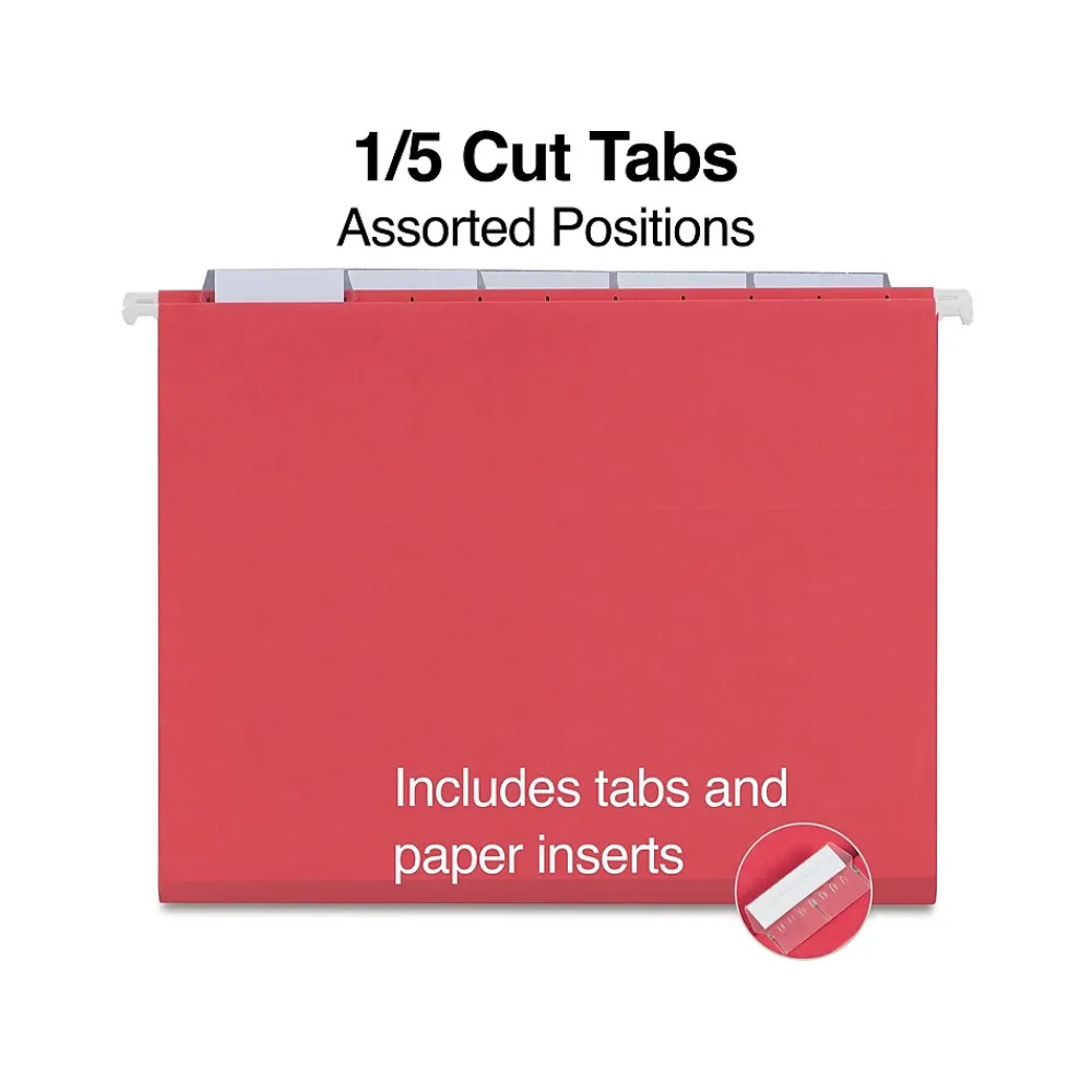 Hanging File Folders|Staples ® Hanging File Folders, 1/5-Cut Tab, Letter Size, , 25/Box (ST163535-CC) Red