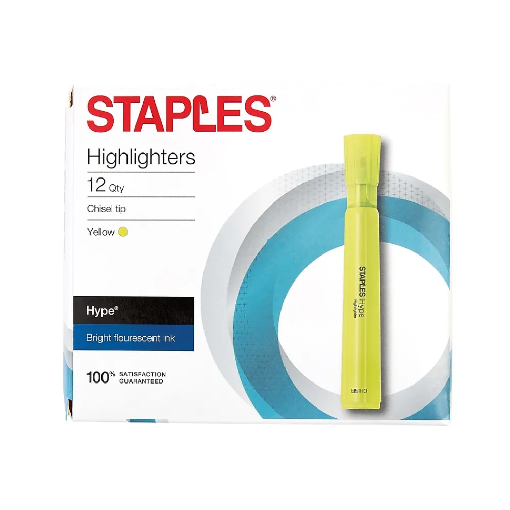 Highlighters|Staples Hype Tank Highlighters, Chisel Tip, Yellow, Dozen (29203-CC)