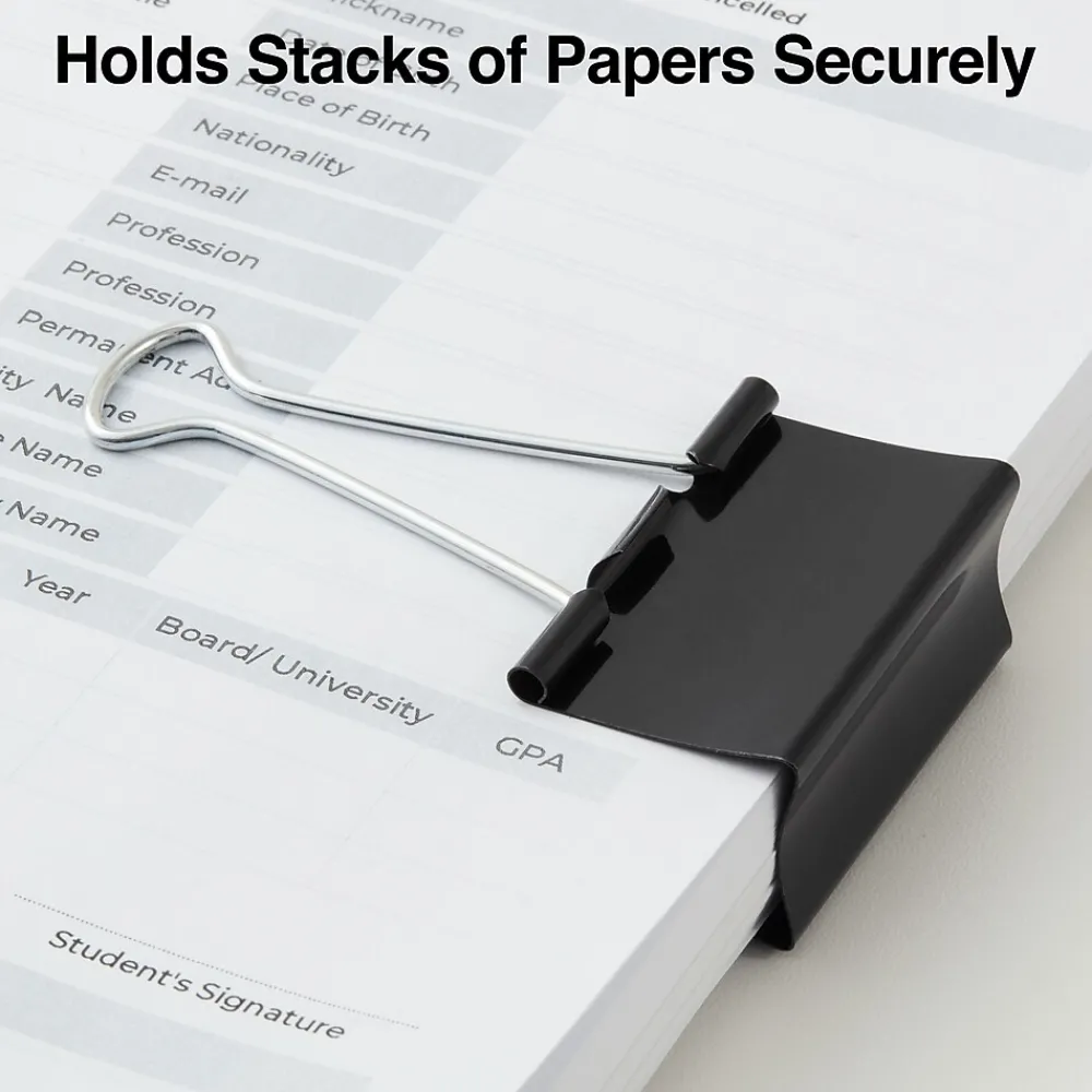 Clips & Fasteners|Staples Large Binder Clips, 1" Capacity, Black, 12 Clips/Pack (10669-CC)