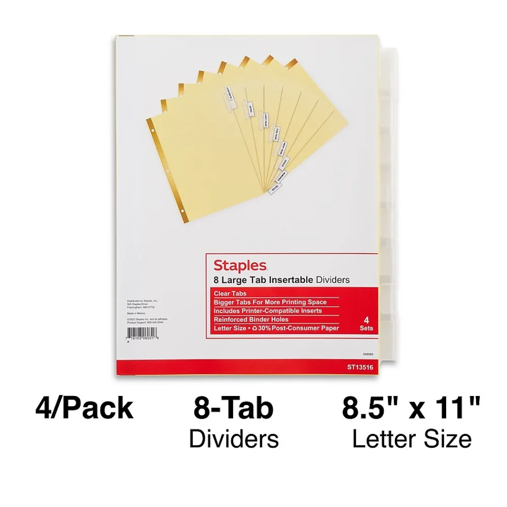 Dividers|Staples Large Tab Insertable Paper Divider, 8 Tabs, Buff with Clear Tabs, 4 Sets (13516/14482)