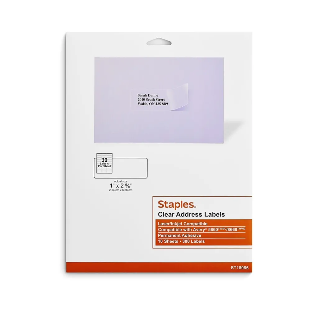 Labels|Staples Laser/Inkjet Address Labels, 1" x 2 5/8", Clear, 30 Labels/Sheet, 10 Sheets/Pack, 300 Labels/Box (18086)