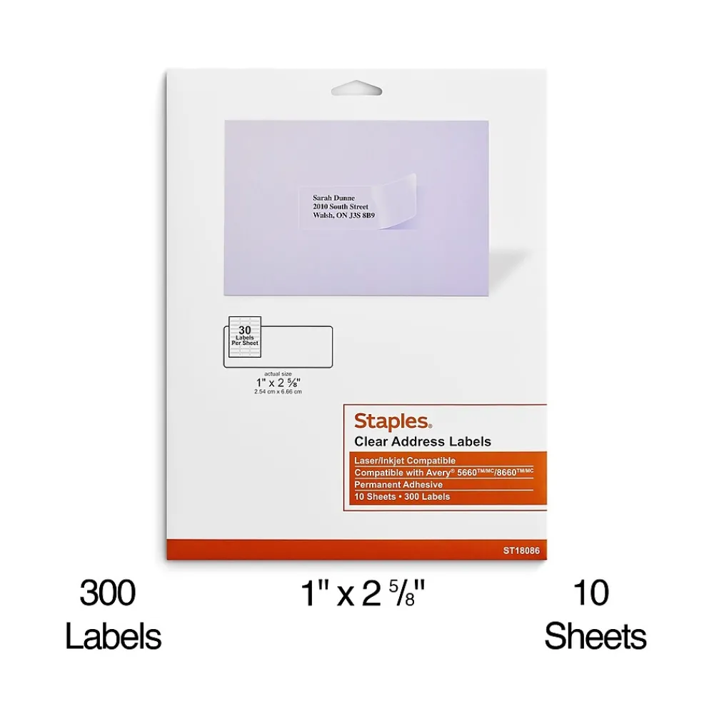 Labels|Staples Laser/Inkjet Address Labels, 1" x 2 5/8", Clear, 30 Labels/Sheet, 10 Sheets/Pack, 300 Labels/Box (18086)